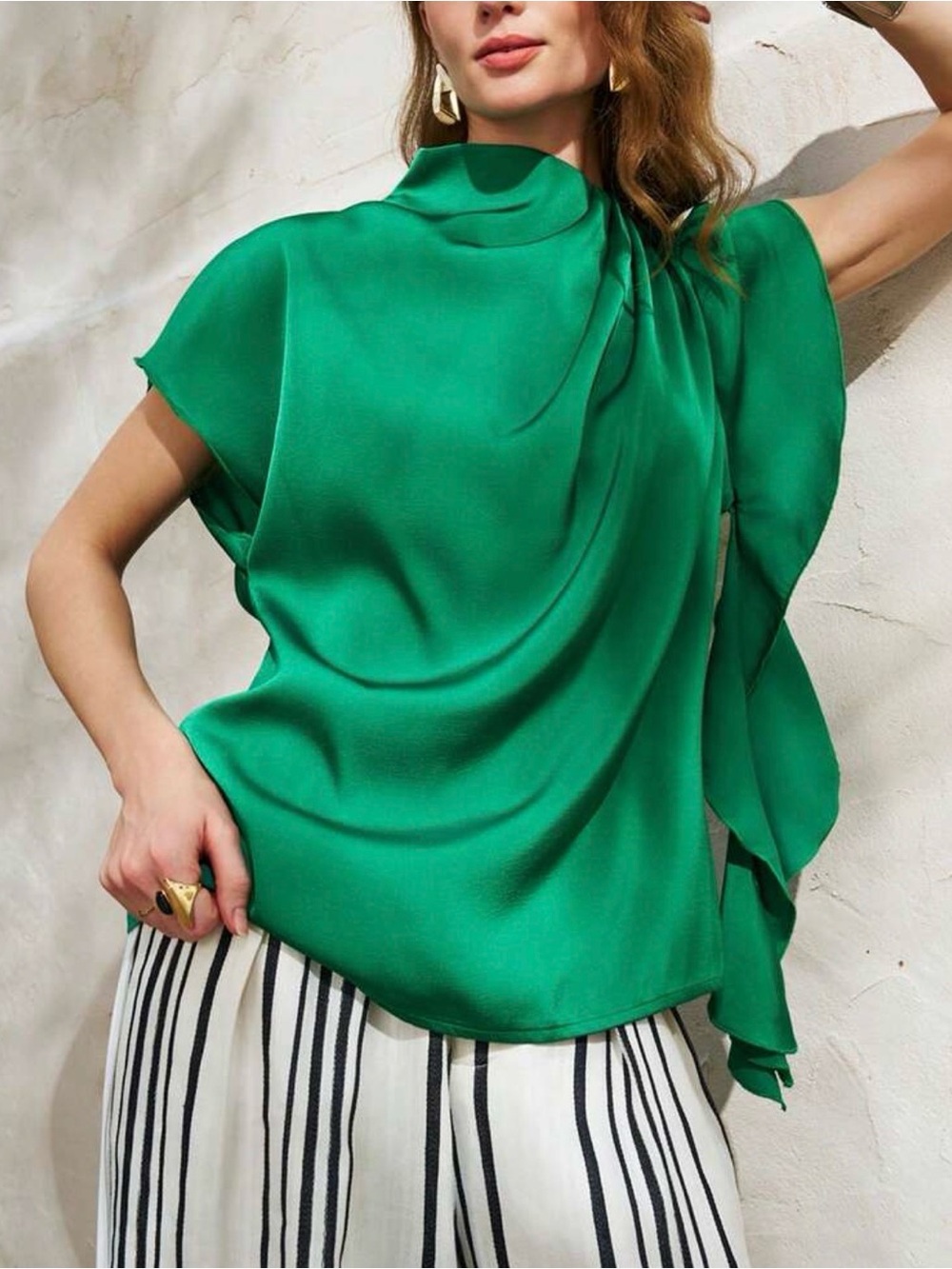 NWT Green Satin Draped Sleeve Blouse, Size Medium